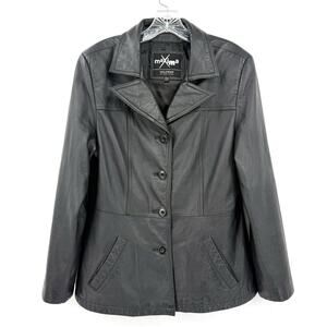 Wilsons Black Leather Jacket Womens Large Maxima Notch Collar Button Up Blazer